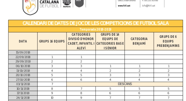 Calendari (dates) de tots els grups per la temporada 2018-2019